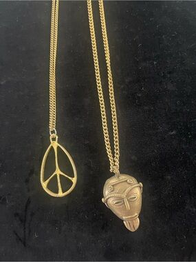 Gold-Tone Peace Sign & Mask Pendant Necklace Set